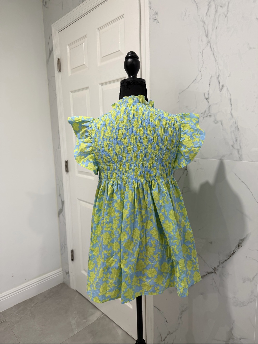 Pinch Blue & Lime Floral Smocked Flutter-Sleeve Top - Picture 2 of 5